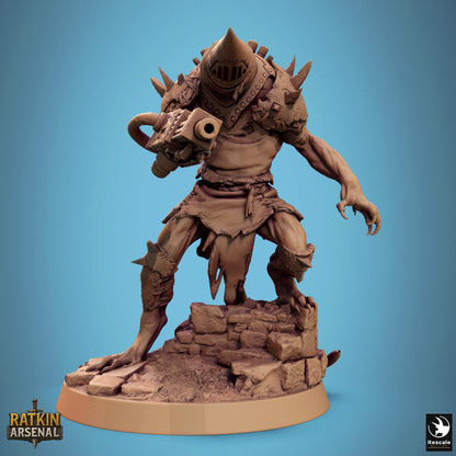 A 3D model of a heavily armored and armed fantasy creature, possibly a dragon or monster, standing on a rocky base against a blue background.