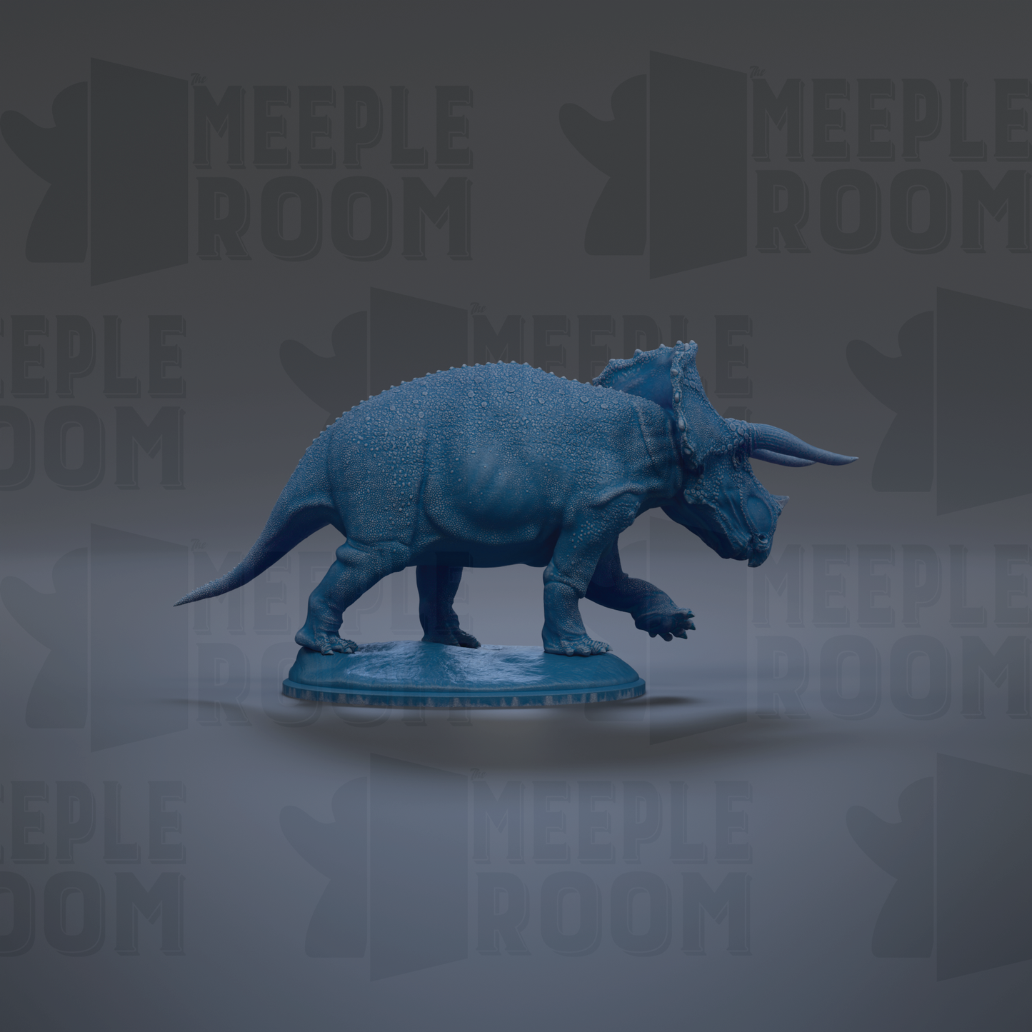 A blue toy dinosaur figurine is displayed on a blue base against a gray background with repeated text.