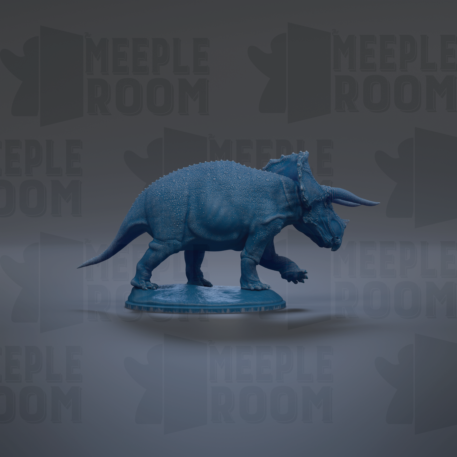 A blue toy dinosaur figurine is displayed on a blue base against a gray background with repeated text.