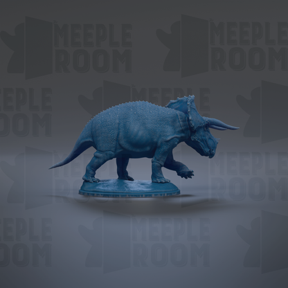 A blue toy dinosaur figurine is displayed on a blue base against a gray background with repeated text.