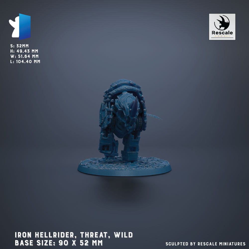 a 3D model of an Iron Hellrider, a threat from the Wild series, with a base size of 90 x 52 mm.