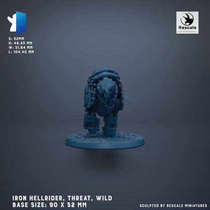 a 3D model of an Iron Hellrider, a threat from the Wild series, with a base size of 90 x 52 mm.