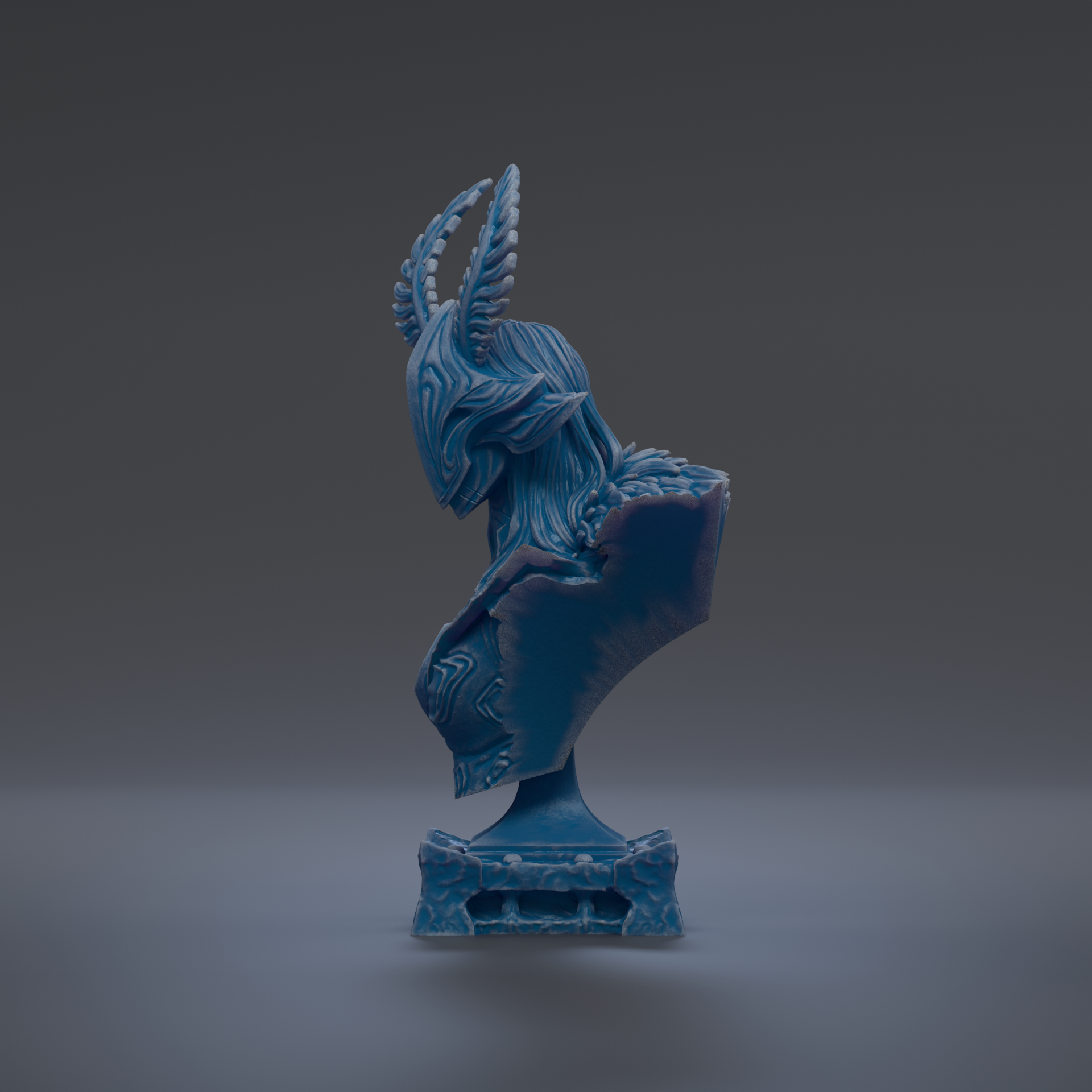 A blue, abstract sculpture with a stylized, flowing design stands on a base against a dark background.