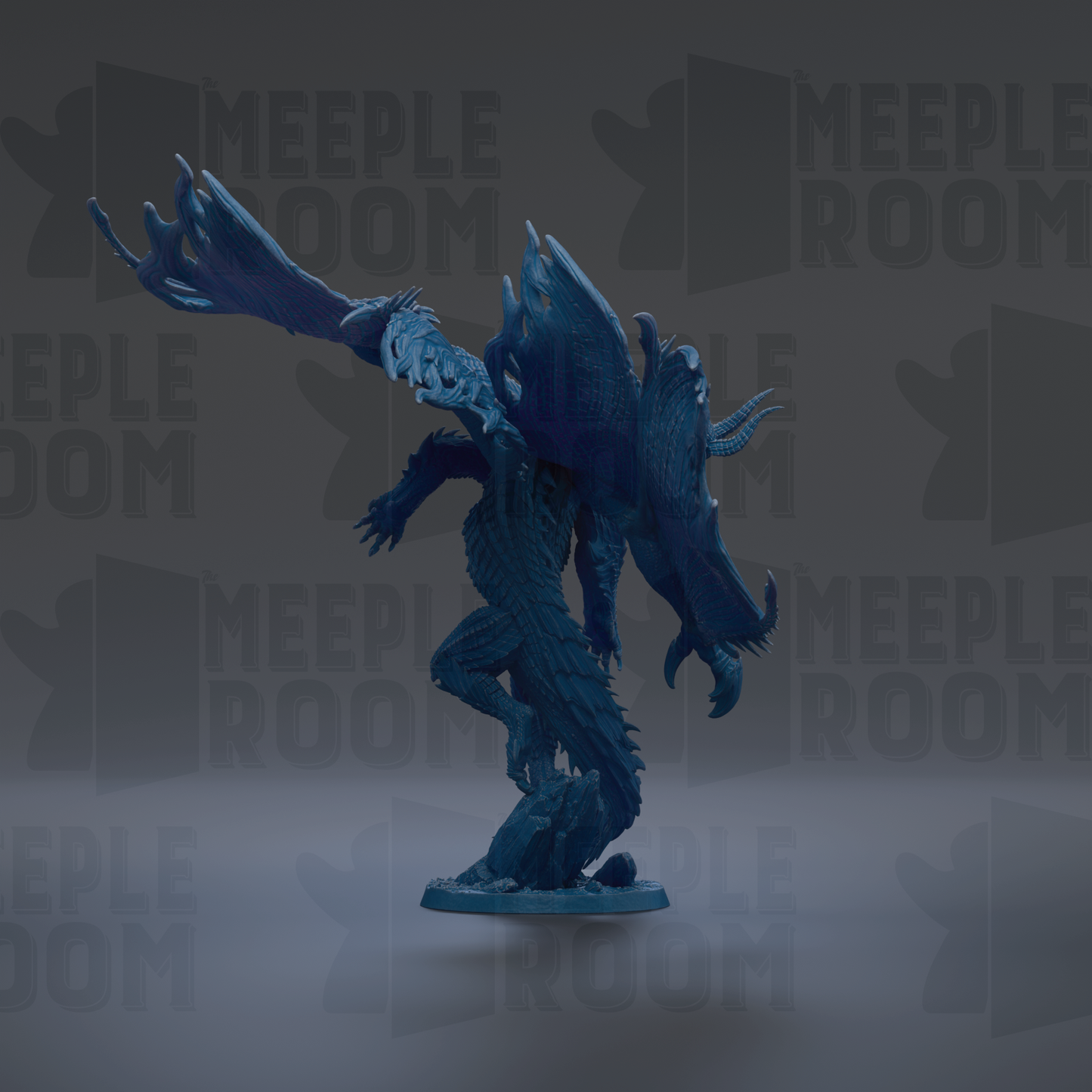 A blue, winged dragon figurine is displayed against a dark background with repeated text.