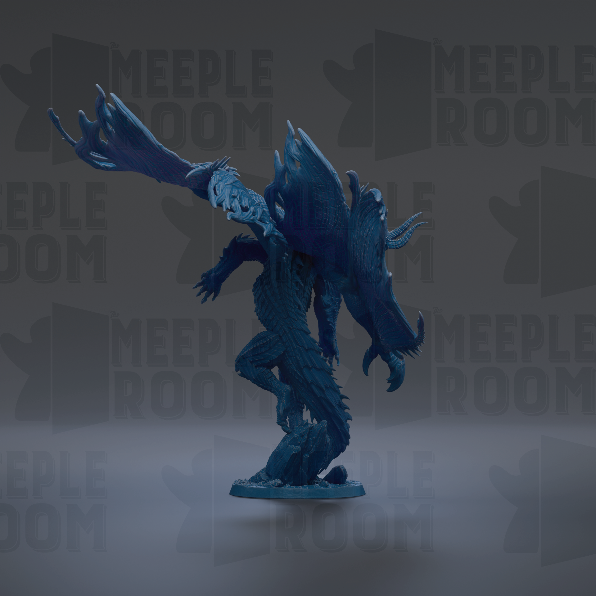 A blue, winged dragon figurine is displayed against a dark background with repeated text.