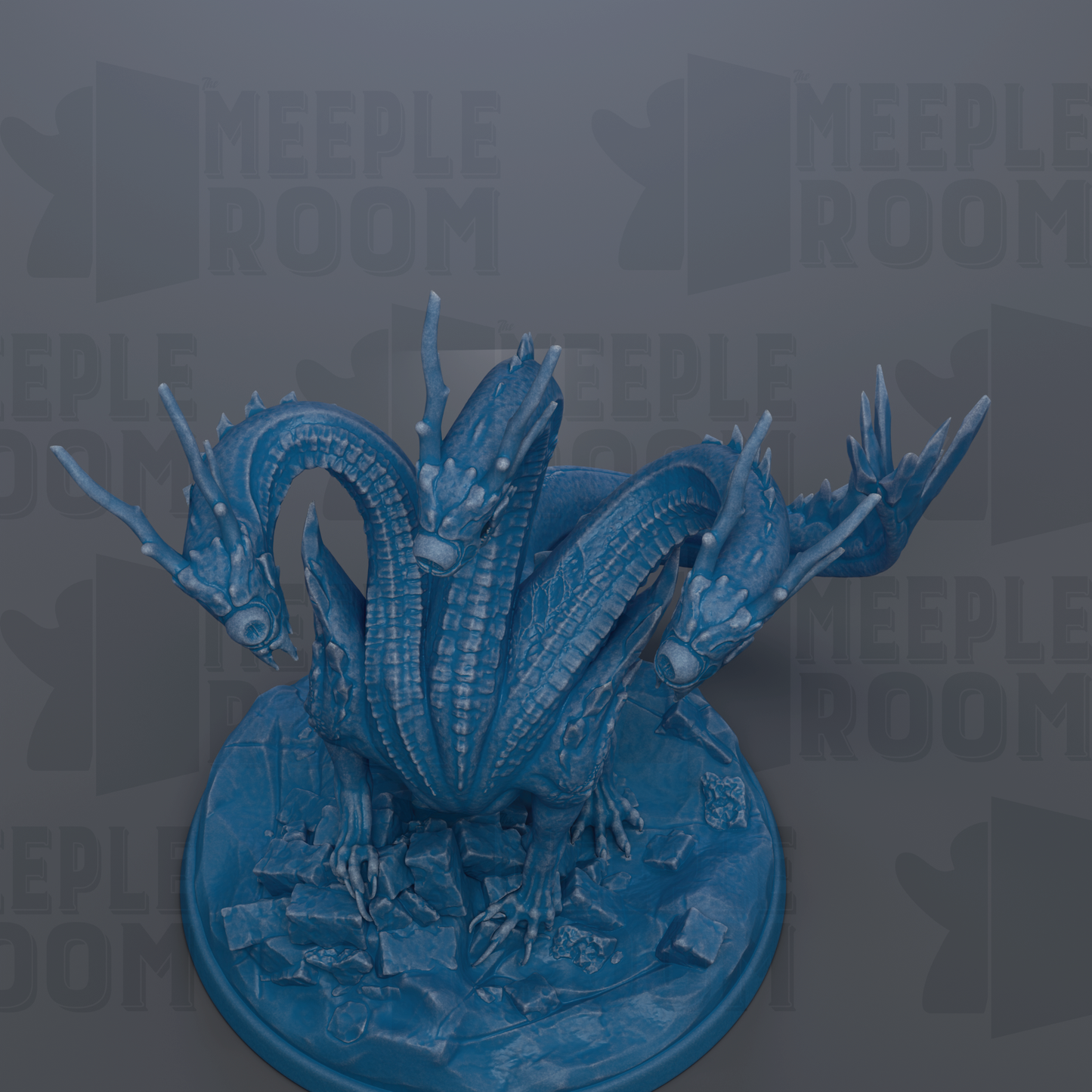 A 3D rendering of a blue dragon statue with multiple heads and sharp teeth, standing on a blue base.