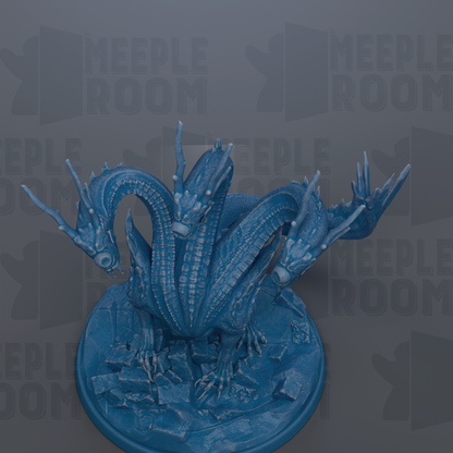 A 3D rendering of a blue dragon statue with multiple heads and sharp teeth, standing on a blue base.