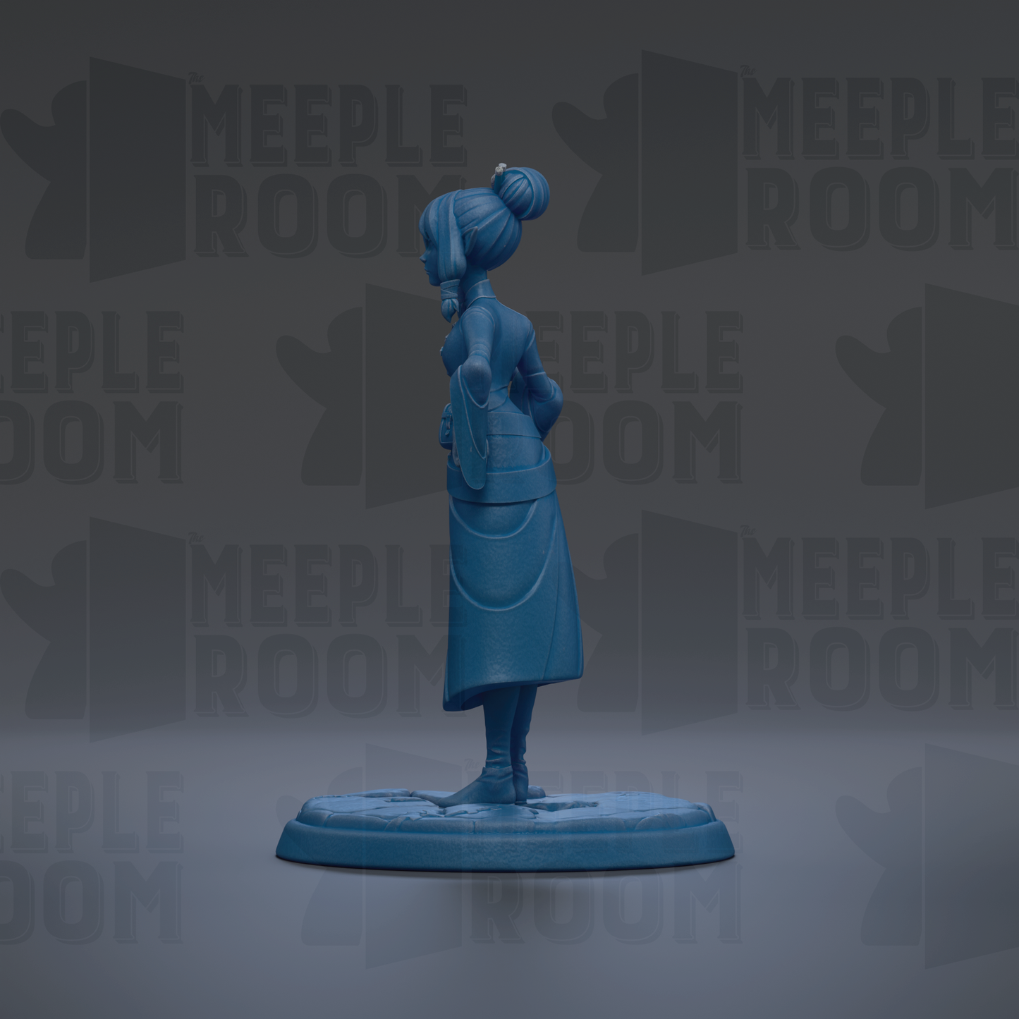 A blue figurine of a woman with a bun on her head is standing on a blue base against a dark background with repeated text.
