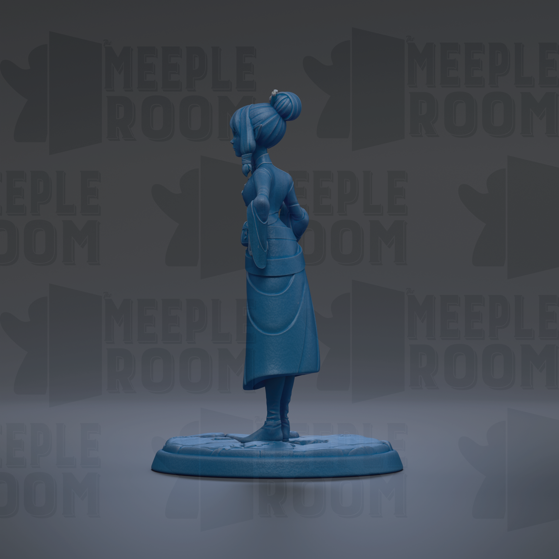 A blue figurine of a woman with a bun on her head is standing on a blue base against a dark background with repeated text.