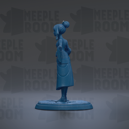 A blue figurine of a woman with a bun on her head is standing on a blue base against a dark background with repeated text.