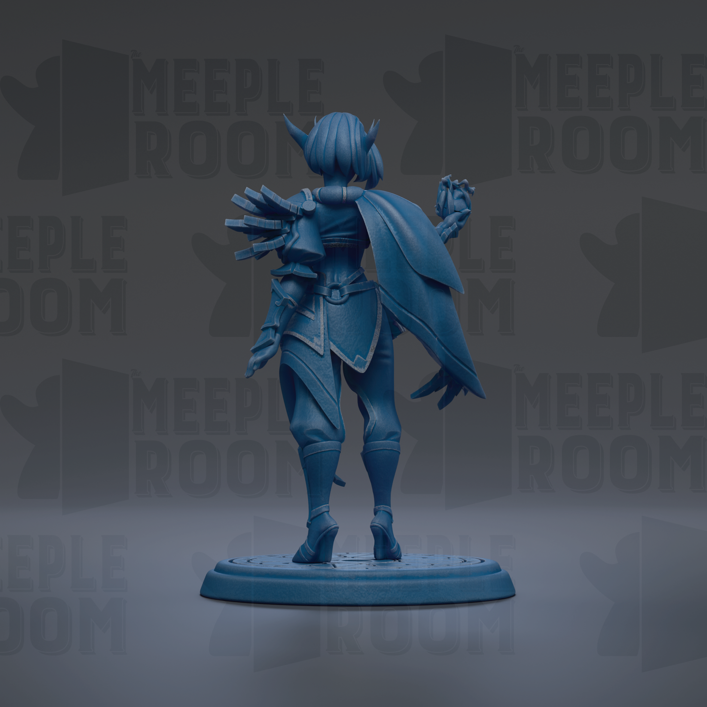 A blue figurine of a female character with a cape and sword stands on a platform against a dark background with repeated text.