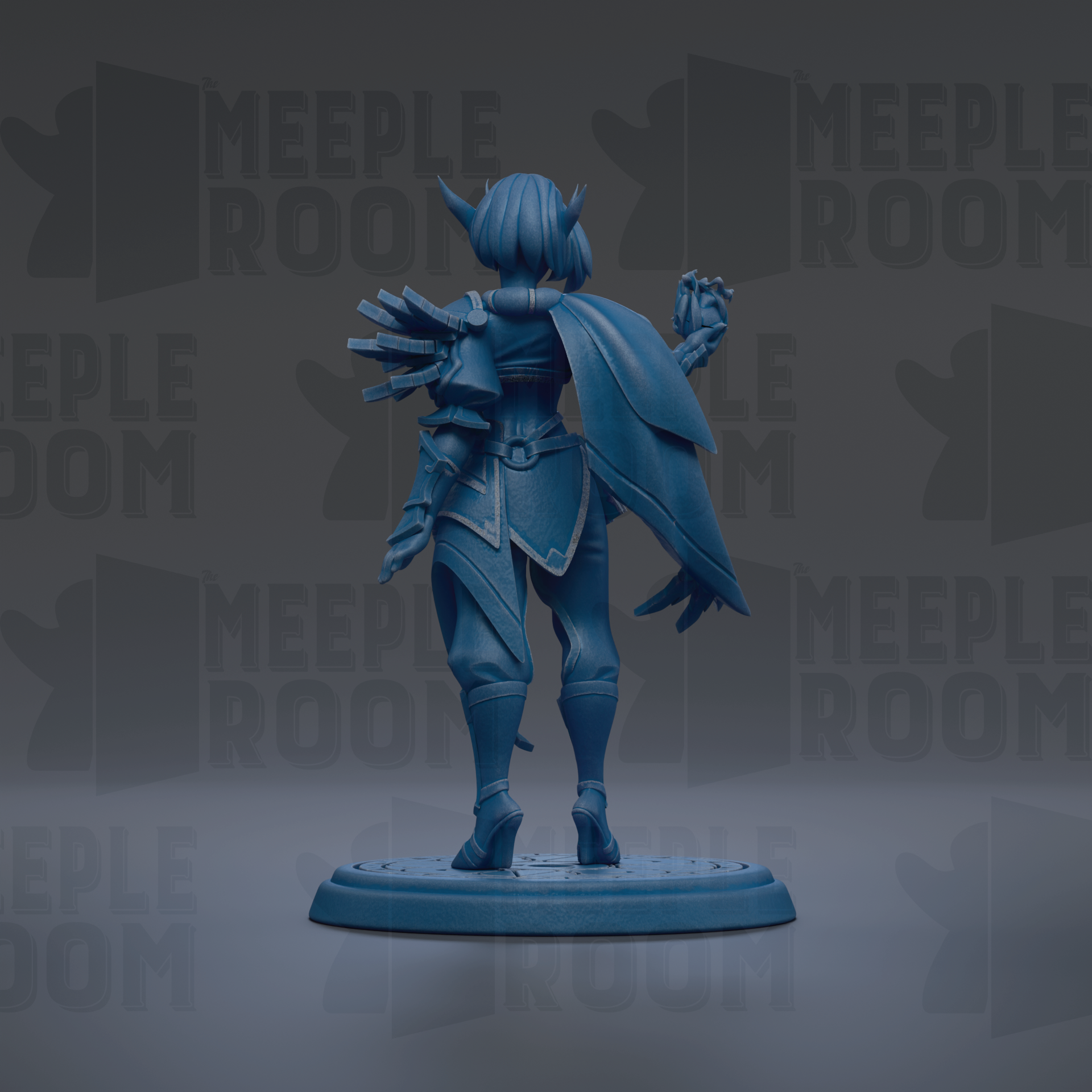 A blue figurine of a female character with a cape and sword stands on a platform against a dark background with repeated text.