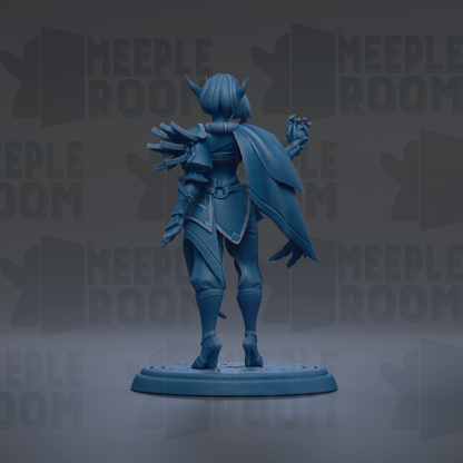 A blue figurine of a female character with a cape and sword stands on a platform against a dark background with repeated text.