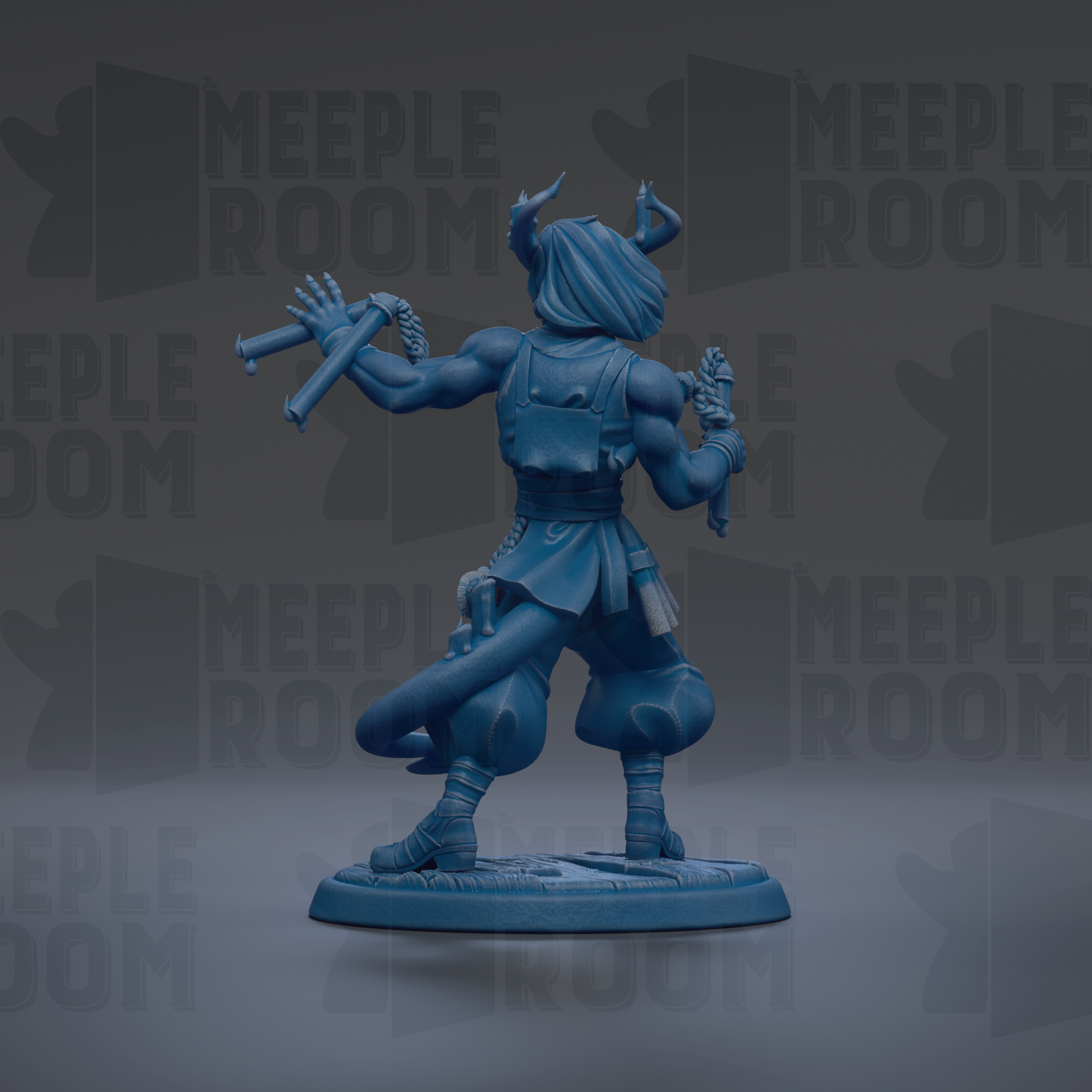 A blue figurine of a muscular, horned character with a sword and shield stands on a base against a dark background with repeated text.