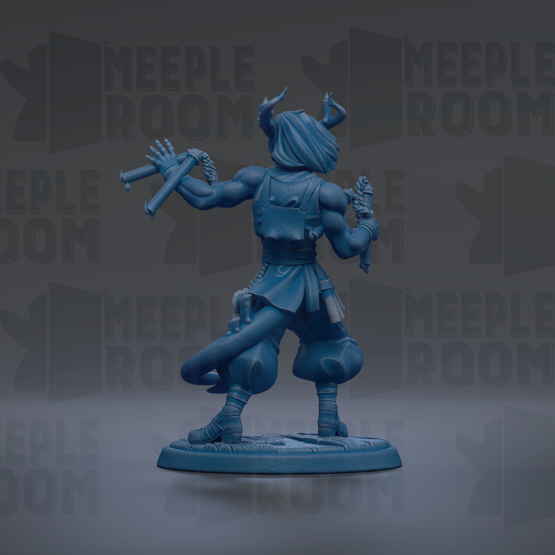 A blue figurine of a muscular, horned character with a sword and shield stands on a base against a dark background with repeated text.