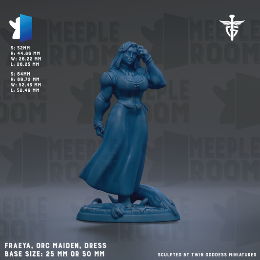 a figurine of a woman dressed in a long dress, standing on a base. The figurine is described as "FRAEA, ORC Maiden, Dress" and has a base size of either 25mm or 50mm. The image is a collage of multiple images, and the phrase "Sculpted by Twin Goddesses Miniatures" is mentioned at the bottom.