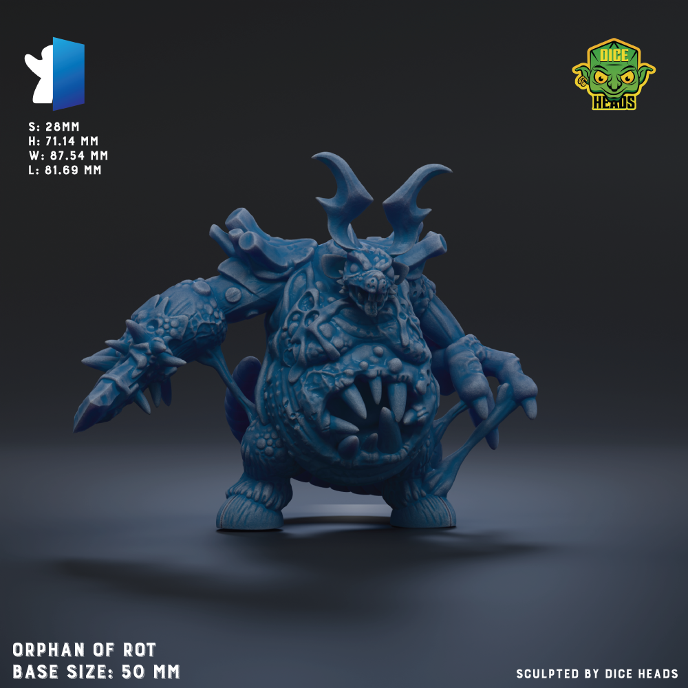 a detailed 3D model of a blue, fantastical creature with horns and sharp teeth, resembling a mythical or magical being. The creature is shown in a dynamic pose, with its arms and legs spread out, giving it a sense of movement and power. The image is described as a "collage of multiple images" and is "sculpted by dice heads", suggesting that it is a product of a dice-based game or platforming system. The base size of the creature is 50 millimeters.