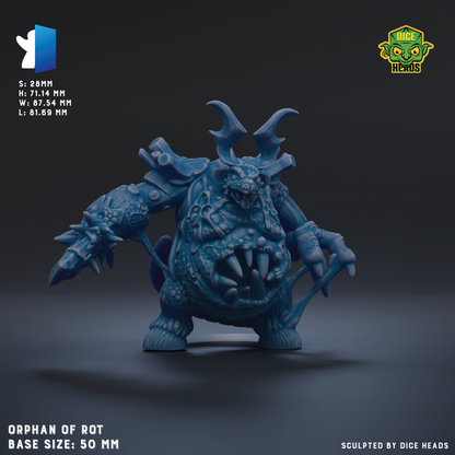 a detailed 3D model of a blue, fantastical creature with horns and sharp teeth, resembling a mythical or magical being. The creature is shown in a dynamic pose, with its arms and legs spread out, giving it a sense of movement and power. The image is described as a "collage of multiple images" and is "sculpted by dice heads", suggesting that it is a product of a dice-based game or platforming system. The base size of the creature is 50 millimeters.