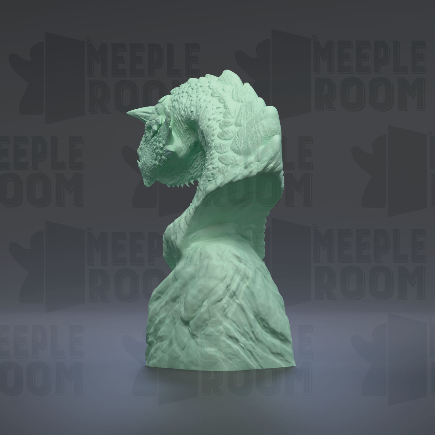 A green, sculpted dragon statue is displayed against a dark background with repeated text.