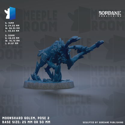 a blue figurine of a creature with a large head and long limbs, standing on a base. The figurine is described as a "moonshard golem" and is shown in various sizes, including 25mm and 50mm. The image is a collage of multiple images, and the caption does not include any redundancy or vague wording.