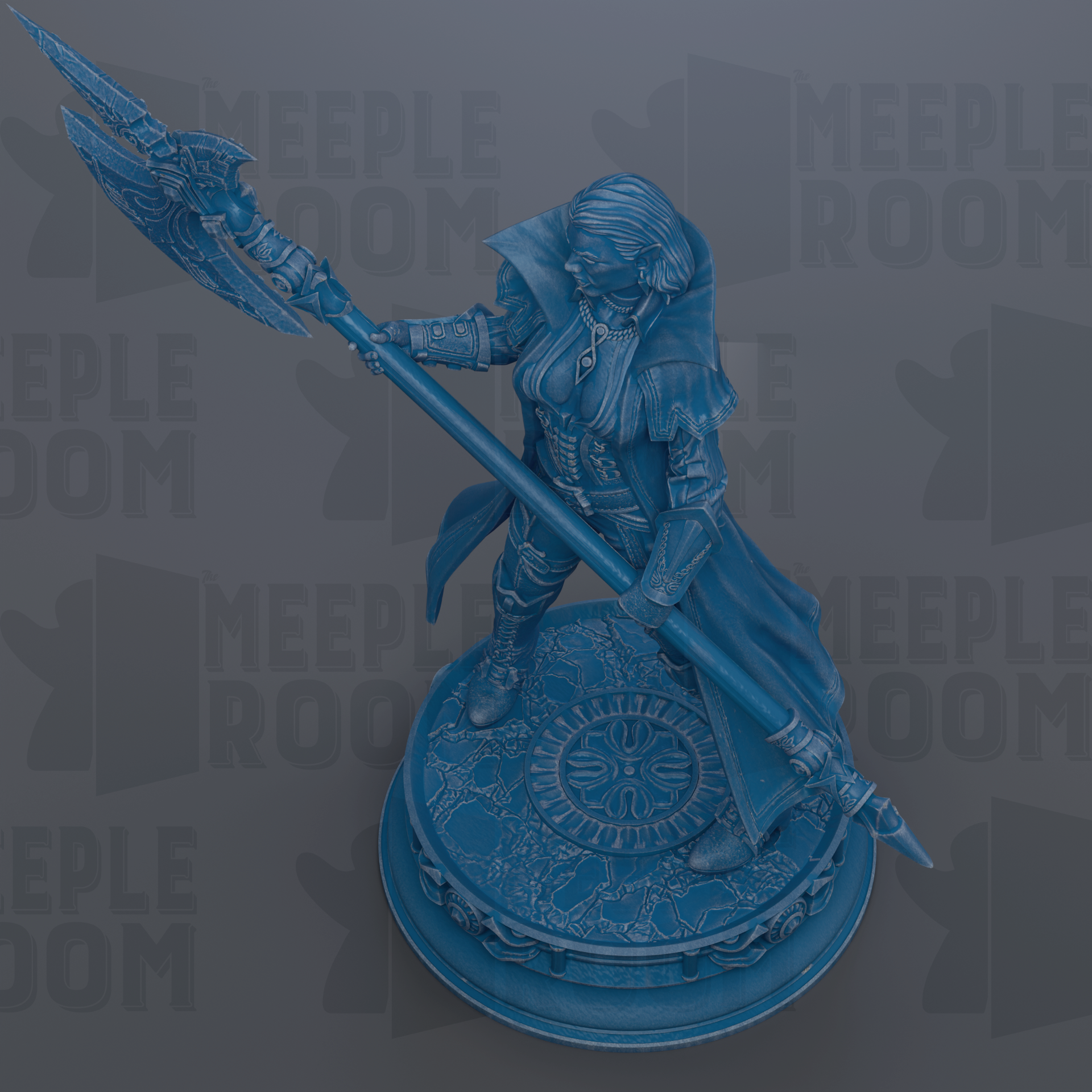 A blue statue of a person holding a large weapon, standing on a circular base with intricate designs.