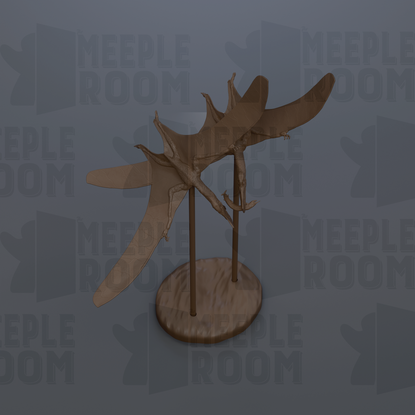 a 3D model of a pterosaur, a type of dinosaur, displayed on a circular base.