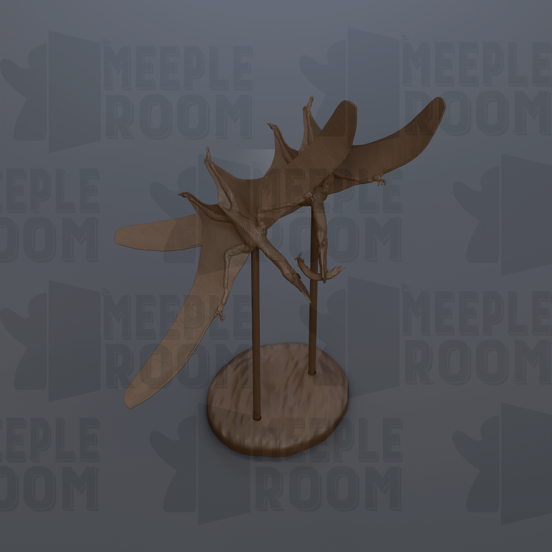 a 3D model of a pterosaur, a type of dinosaur, displayed on a circular base.