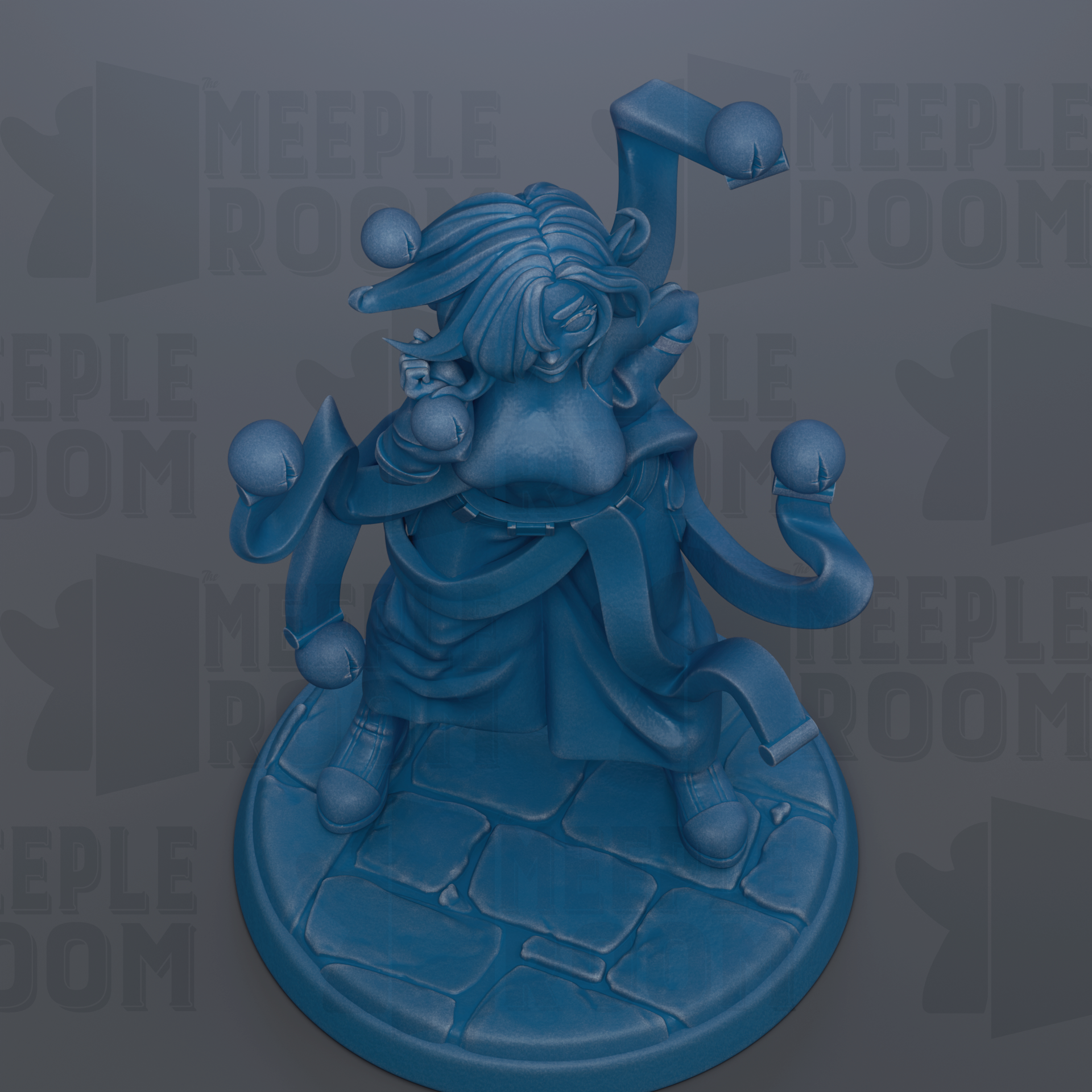 A blue, abstract sculpture with a whimsical, distorted face and various arms and hands, set against a dark background with repeated text.