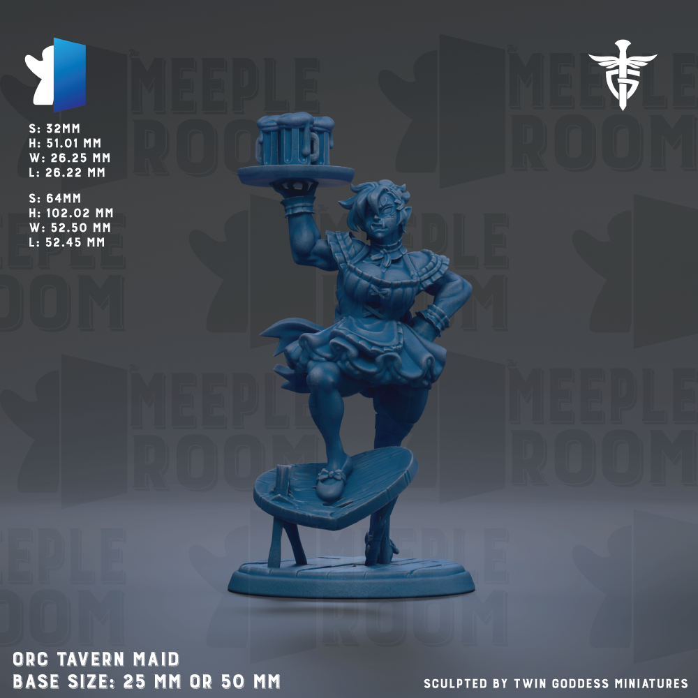 The image is a figurine of a female character, likely a tavern maid, standing on a stool and holding a tray with a drink. The figurine is blue in color and appears to be made of a material that resembles plastic or foam. The background of the image is dark, which makes the figurine stand out. The figurine is described as being of a base size of 25mm or 50mm, and it is sculpted by Twin Goddess miniatures.