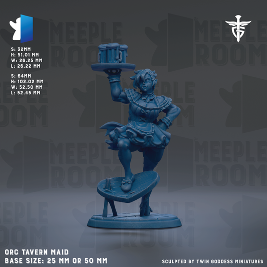 The image is a figurine of a female character, likely a tavern maid, standing on a stool and holding a tray with a drink. The figurine is blue in color and appears to be made of a material that resembles plastic or foam. The background of the image is dark, which makes the figurine stand out. The figurine is described as being of a base size of 25mm or 50mm, and it is sculpted by Twin Goddess miniatures.