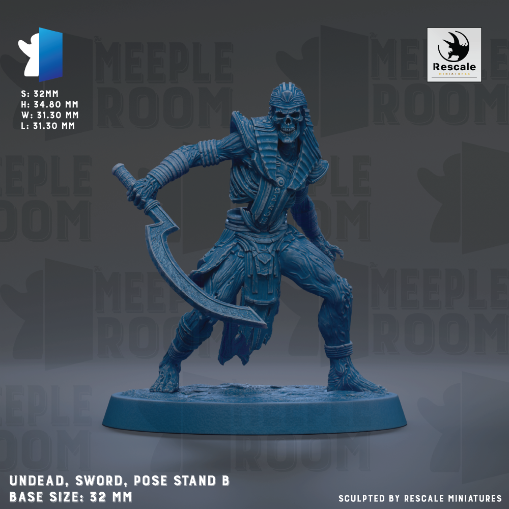a blue figurine of a warrior-like character, possibly a deity or a warrior, posed with a sword and standing on a base. The figurine is shown in a dynamic pose, with the sword held in the air. The background of the image is dark, which contrasts with the blue color of the figurine and makes it stand out. The figurine is described as being "UNDEAD, SWORD, POSE STAND B" and has a base size of "32mm". The image is described as a "SMEPLE ROOM" and is "Sculpted by RESCALE MINIATURES".