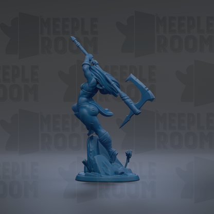 A blue figurine of a warrior wielding a large weapon, standing on a rock formation against a dark background with repeated text.