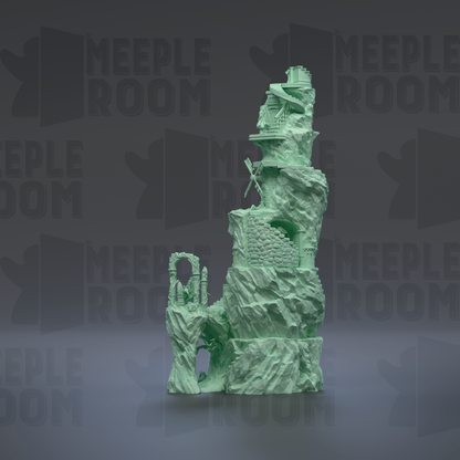 A 3D rendering of a green, rocky structure resembling a castle or fortress, with various architectural elements such as arches, towers, and staircases.