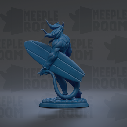 A blue figurine of a muscular man holding a surfboard, standing on a platform against a dark background with repeated text.