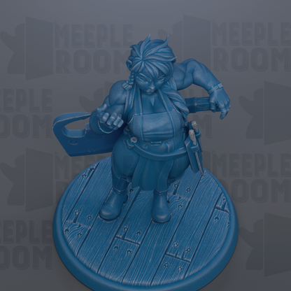 A blue figurine of a character with a large head and long hair, standing on a wooden platform.