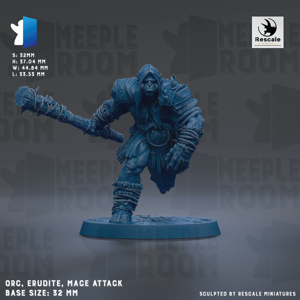 a figurine of an armored warrior wielding a mace, with the text "MEEPLE ROOM" and "ORC. ERUDITE, MACE ATTACK" visible. The base size of the figurine is 32mm.