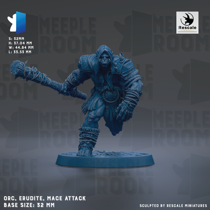 a figurine of an armored warrior wielding a mace, with the text "MEEPLE ROOM" and "ORC. ERUDITE, MACE ATTACK" visible. The base size of the figurine is 32mm.