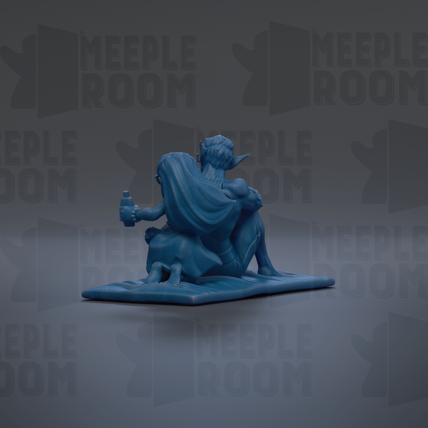 A blue figurine of a person sitting on a surface, holding a bottle, against a dark background with repeated text.