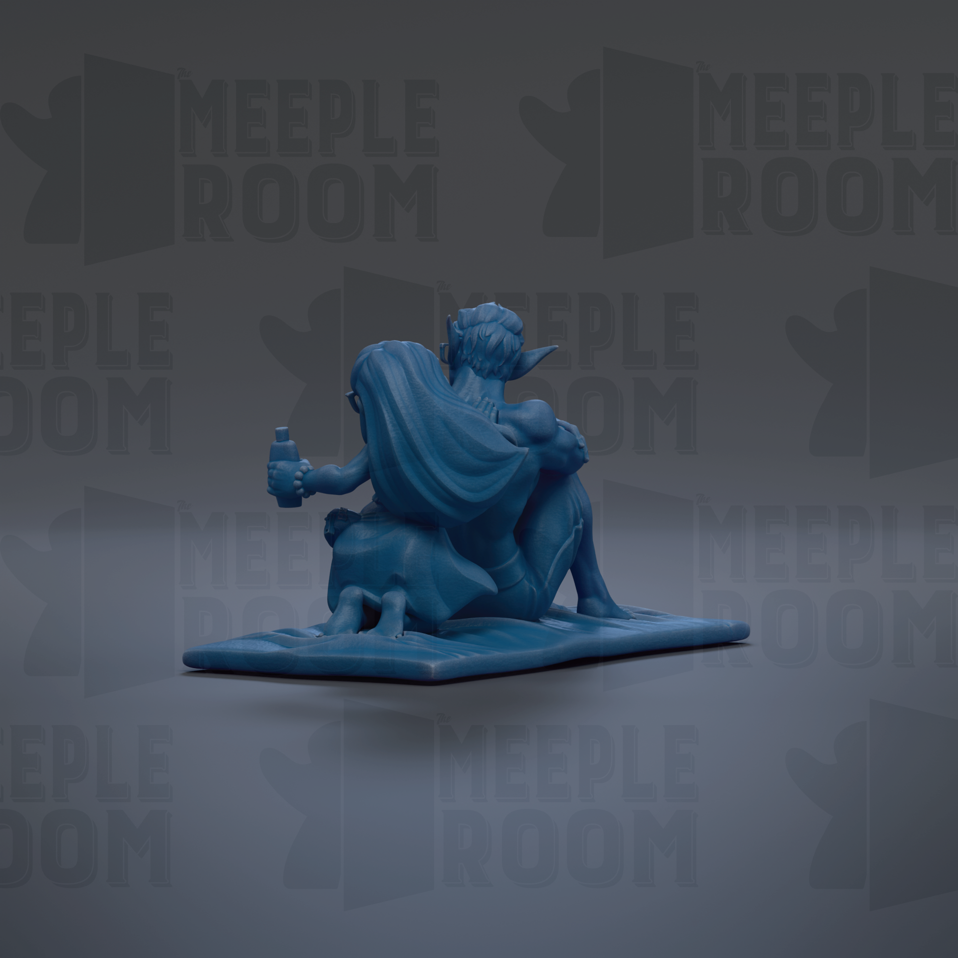 A blue figurine of a person sitting on a surface, holding a bottle, against a dark background with repeated text.