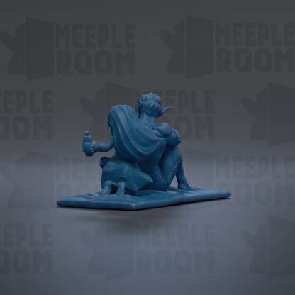 A blue figurine of a person sitting on a surface, holding a bottle, against a dark background with repeated text.