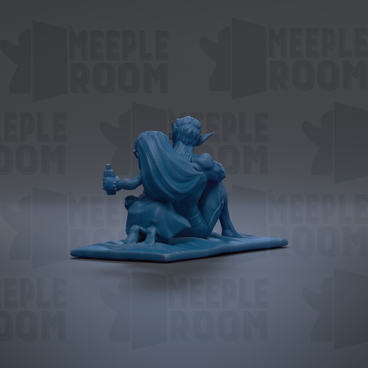 A blue figurine of a person sitting on a surface, holding a bottle, against a dark background with repeated text.