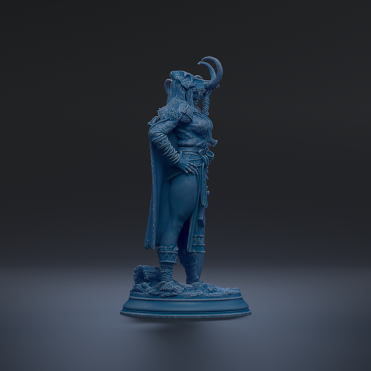 A blue statue of a figure with horns and a flowing robe stands on a pedestal against a dark background.