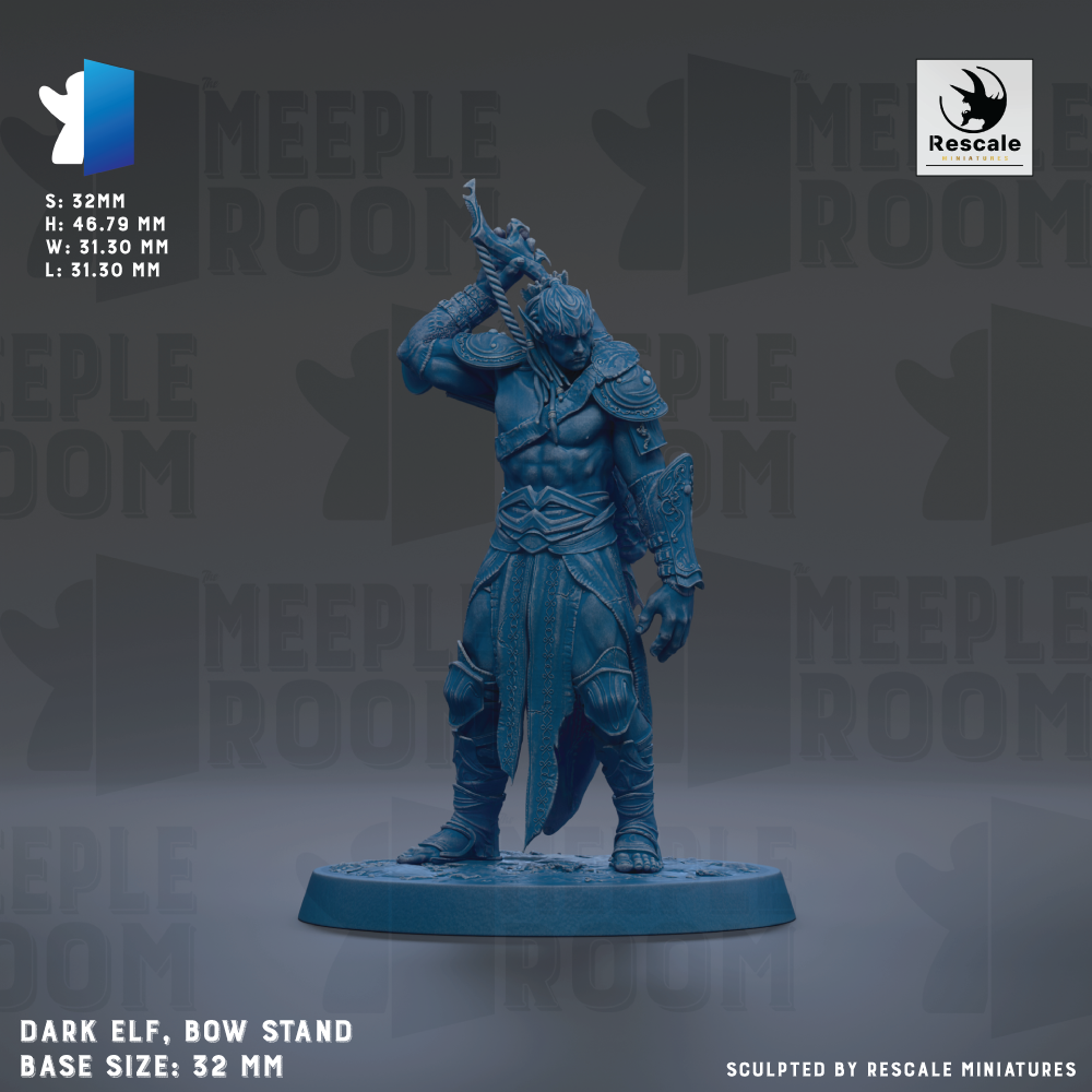 a dark blue elf figurine standing on a bow stand, with the base size of 32mm.