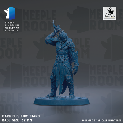 a dark blue elf figurine standing on a bow stand, with the base size of 32mm.