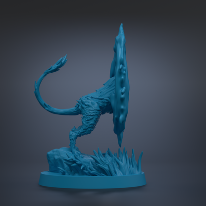 A 3D rendering of a blue, fantastical creature with a long, curved tail and a pointed head, standing on a rock formation with spikes protruding from it.