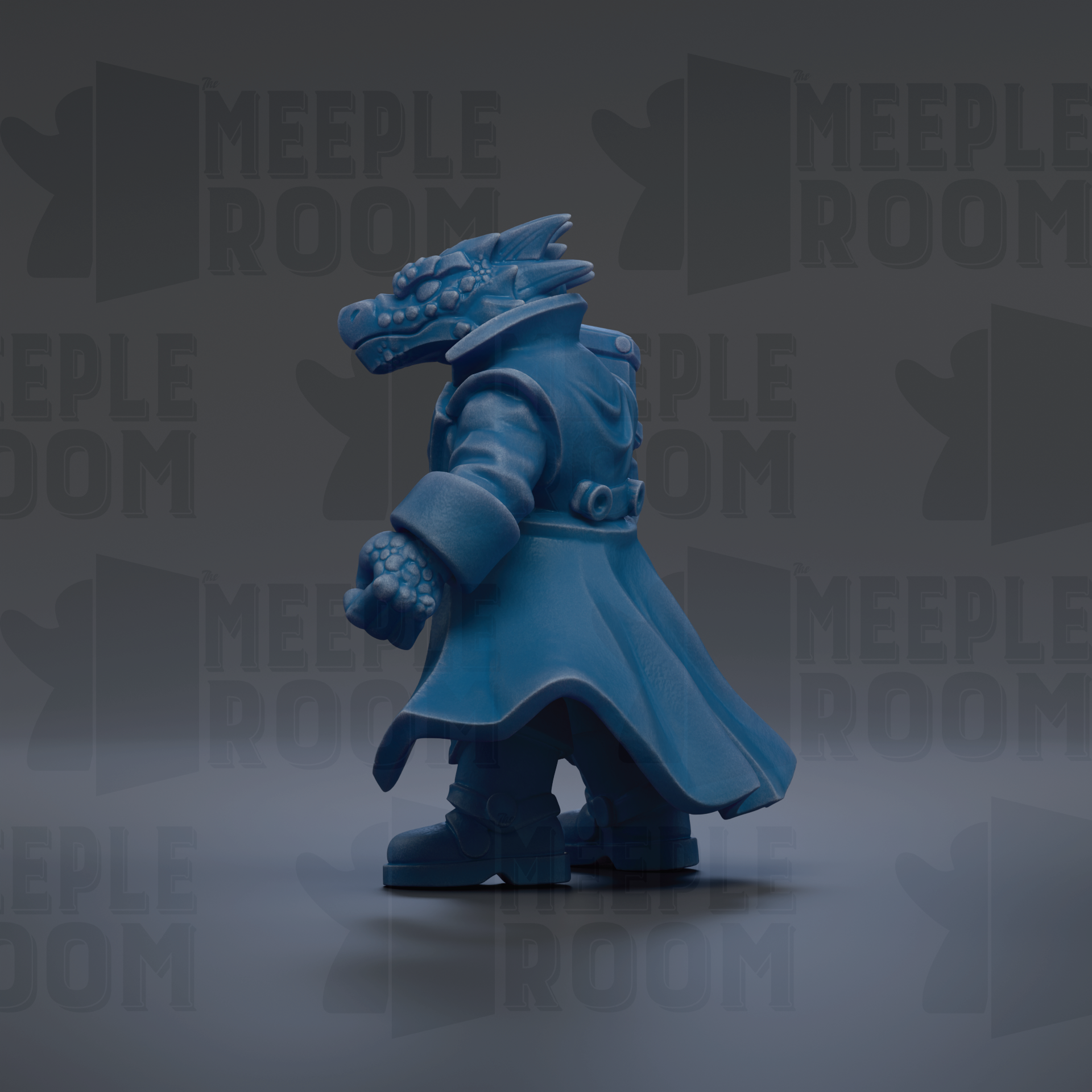A blue dragon figurine is standing upright on a gray surface against a dark background with repeated text.