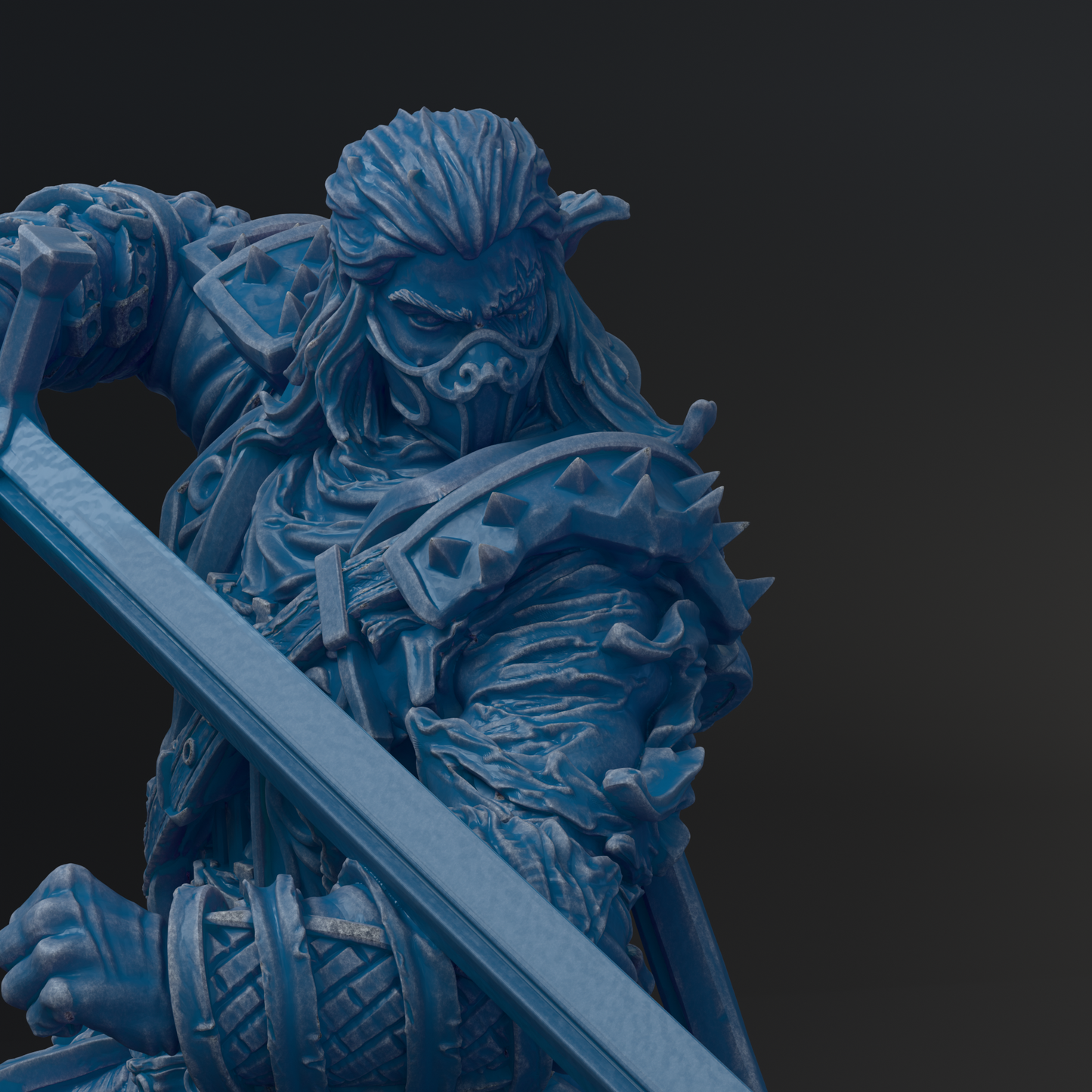 A close-up view of a blue, armored figure wielding a weapon, with a dark background.