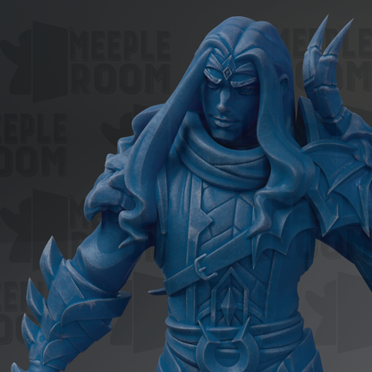 A close-up of a blue, detailed statue of a warrior figure with long hair and a serious expression.