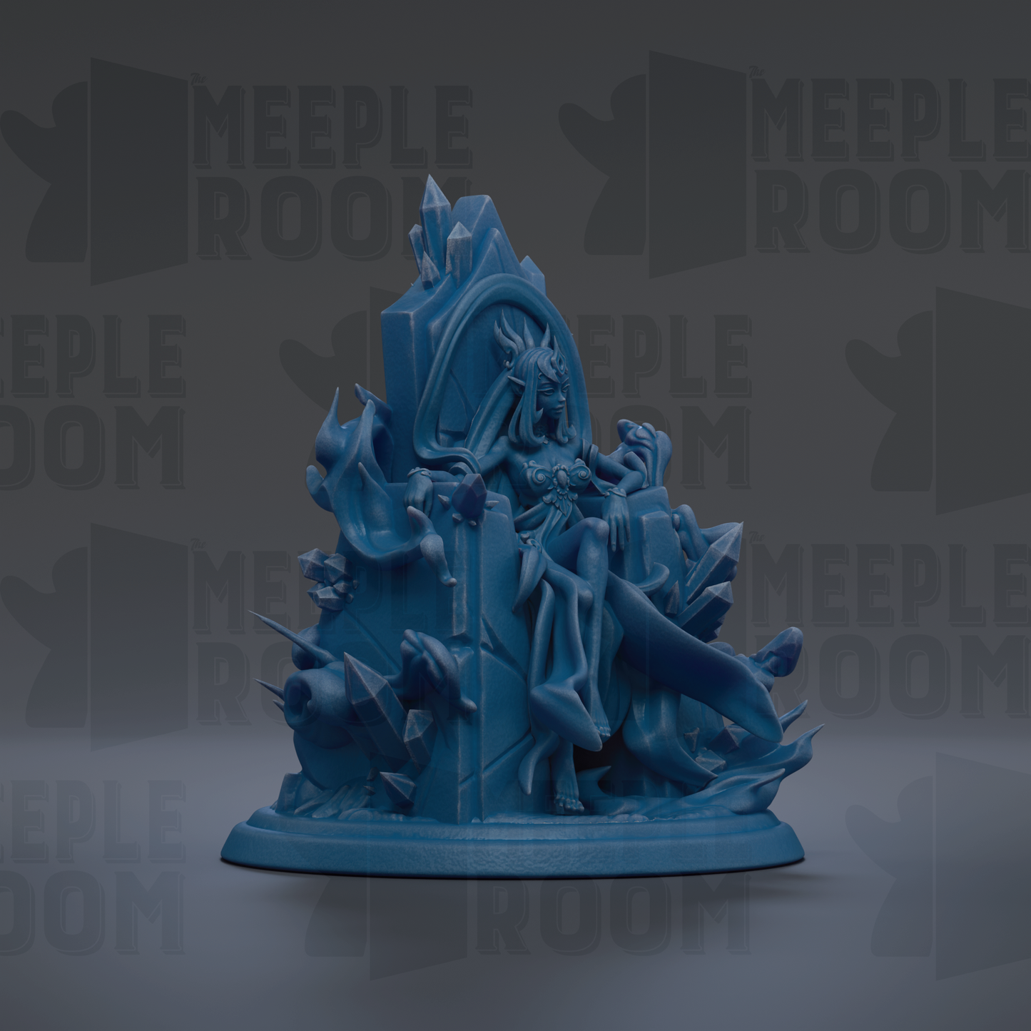 A blue, 3D-rendered statue depicting a fantastical, winged creature with intricate details and a regal, regal appearance.