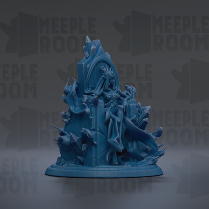 A blue, 3D-rendered statue depicting a fantastical, winged creature with intricate details and a regal, regal appearance.